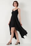 Asimetrik Kesim Regular Fit Midi Boy Askılı V Yaka Kadın Elbise 5866131 SİYAH