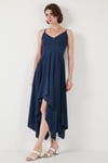 Asimetrik Kesim Regular Fit Midi Boy Askılı V Yaka Kadın Elbise 5866131 İNDİGO