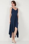 Asimetrik Kesim Regular Fit Midi Boy Askılı V Yaka Kadın Elbise 5866131 İNDİGO