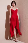 Asimetrik Kesim Regular Fit Midi Boy Askılı V Yaka Kadın Elbise 5866131 KIRMIZI