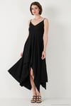 Asimetrik Kesim Regular Fit Midi Boy Askılı V Yaka Kadın Elbise 5866131 SİYAH
