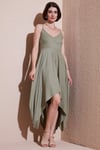 Asimetrik Kesim Regular Fit Midi Boy Askılı V Yaka Kadın Elbise 5866131 Olive