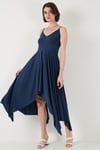 Asimetrik Kesim Regular Fit Midi Boy Askılı V Yaka Kadın Elbise 5866131 İNDİGO