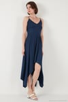 Asimetrik Kesim Regular Fit Midi Boy Askılı V Yaka Kadın Elbise 5866131 İNDİGO