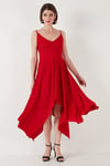 Asimetrik Kesim Regular Fit Midi Boy Askılı V Yaka Kadın Elbise 5866131 KIRMIZI