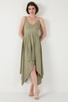 Asimetrik Kesim Regular Fit Midi Boy Askılı V Yaka Kadın Elbise 5866131 Olive