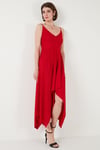 Asimetrik Kesim Regular Fit Midi Boy Askılı V Yaka Kadın Elbise 5866131 KIRMIZI