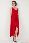 Asimetrik Kesim Regular Fit Midi Boy Askılı V Yaka Kadın Elbise 5866131 KIRMIZI
