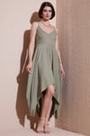 Asimetrik Kesim Regular Fit Midi Boy Askılı V Yaka Kadın Elbise 5866131 Olive