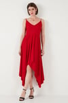 Asimetrik Kesim Regular Fit Midi Boy Askılı V Yaka Kadın Elbise 5866131 KIRMIZI