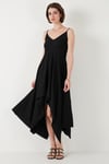 Asimetrik Kesim Regular Fit Midi Boy Askılı V Yaka Kadın Elbise 5866131 SİYAH