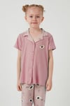 Baskılı Beli Lastikli Gömlek Yaka Kısa Kollu Kız Çocuk Pijama Takımı 6576001 PEMBE