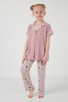 Baskılı Beli Lastikli Gömlek Yaka Kısa Kollu Kız Çocuk Pijama Takımı 6576001 PEMBE