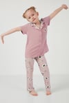 Baskılı Beli Lastikli Gömlek Yaka Kısa Kollu Kız Çocuk Pijama Takımı 6576001 PEMBE