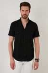 Buratti Düğmeli Yaka Pamuklu Slim Fit Cepli Erkek Gömlek CF21S111153 SİYAH