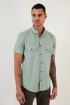 Buratti Düğmeli Yaka Pamuklu Slim Fit Cepli Erkek Gömlek CF21S111153 ELMA YEŞİLİ