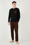 Buratti Ekoseli Cepli Beli Lastikli % 100 Pamuk Regular Fit Erkek Pijama Takımı 6572001 SİYAH-KAHVE