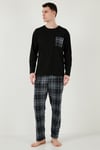 Buratti Ekoseli Cepli Beli Lastikli % 100 Pamuk Regular Fit Erkek Pijama Takımı 6572001 SİYAH-ANTRASİT