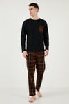 Buratti Ekoseli Cepli Beli Lastikli % 100 Pamuk Regular Fit Erkek Pijama Takımı 6572001 SİYAH-KAHVE