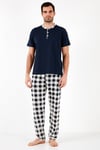 Buratti Ekoseli Pamuklu Regular Fit Kısa Kollu Erkek Pijama Takımı 60961007 LACİVERT-BEYAZ