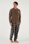 Buratti Ekoseli Regular Fit Düğmeli Bisiklet Yaka Kışlık Polar Erkek Pijama Takımı 60961008 CAMEL