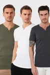 Buratti Pamuklu Düğme Detaylı Slim Fit V Yaka 3'lü Paket Erkek T Shirt 5902122S3 Beyaz-Haki-Antrasit