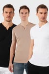 Buratti Pamuklu Düğme Detaylı Slim Fit V Yaka 3'lü Paket Erkek T Shirt 5902122S3 Taş-Beyaz-Siyah