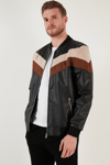 Buratti Slim Fit Renk Bloklu Kolej Yaka Bomber Suni Deri Erkek Mont 5718909 SİYAH