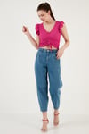 Büzgü Detaylı Kolları Fırfırlı Dar Kesim Crop Kadın Bluz 5865015 FUŞYA