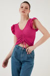 Büzgü Detaylı Kolları Fırfırlı Dar Kesim Crop Kadın Bluz 5865015 FUŞYA