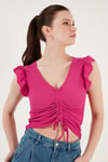 Büzgü Detaylı Kolları Fırfırlı Dar Kesim Crop Kadın Bluz 5865015 FUŞYA