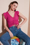 Büzgü Detaylı Kolları Fırfırlı Dar Kesim Crop Kadın Bluz 5865015 FUŞYA
