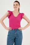 Büzgü Detaylı Kolları Fırfırlı Dar Kesim Crop Kadın Bluz 5865015 FUŞYA