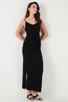 Büzgü Detaylı Slim Fit Yırtmaçlı Uzun Boy Asimetrik Yaka Kadın Elbise 5866291 SİYAH