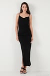 Büzgü Detaylı Slim Fit Yırtmaçlı Uzun Boy Asimetrik Yaka Kadın Elbise 5866291 SİYAH