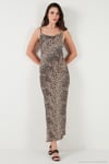 Büzgü Detaylı Slim Fit Yırtmaçlı Uzun Boy Asimetrik Yaka Kadın Elbise 5866291 LEOPAR