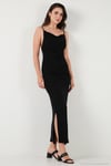 Büzgü Detaylı Slim Fit Yırtmaçlı Uzun Boy Asimetrik Yaka Kadın Elbise 5866291 SİYAH