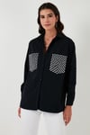 Cepleri Taş Detaylı % 100 Pamuk Oversize Kadın Gömlek 51444781 SİYAH