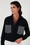 Cepleri Taş Detaylı % 100 Pamuk Oversize Kadın Gömlek 51444781 SİYAH