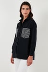 Cepleri Taş Detaylı % 100 Pamuk Oversize Kadın Gömlek 51444781 SİYAH