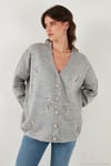 Çiçek İşlemeli Oversize Fit V Yaka Düğmeli Kadın Hırka 4616191 AÇIK GRİ