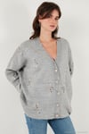 Çiçek İşlemeli Oversize Fit V Yaka Düğmeli Kadın Hırka 4616191 AÇIK GRİ