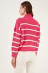 Çizgili Dik Yaka Kışlık Kadın Kazak 4616118 Fuşya-Krem
