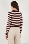 Çizgili Oversize Fit Bisiklet Yaka Düğmeli Crop Triko Kadın Hırka 4615567 BORDO