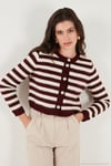 Çizgili Oversize Fit Bisiklet Yaka Düğmeli Crop Triko Kadın Hırka 4615567 BORDO