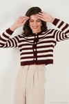 Çizgili Oversize Fit Bisiklet Yaka Düğmeli Crop Triko Kadın Hırka 4615567 BORDO