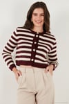 Çizgili Oversize Fit Bisiklet Yaka Düğmeli Crop Triko Kadın Hırka 4615567 BORDO