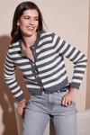 Çizgili Oversize Fit Bisiklet Yaka Düğmeli Crop Triko Kadın Hırka 4615567 GRİ