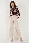 Çizgili Oversize Fit Bisiklet Yaka Düğmeli Crop Triko Kadın Hırka 4615567 BORDO