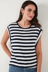 Çizgili Oversize Fit Bisiklet Yaka Kadın T Shirt 5866103 LACİVERT